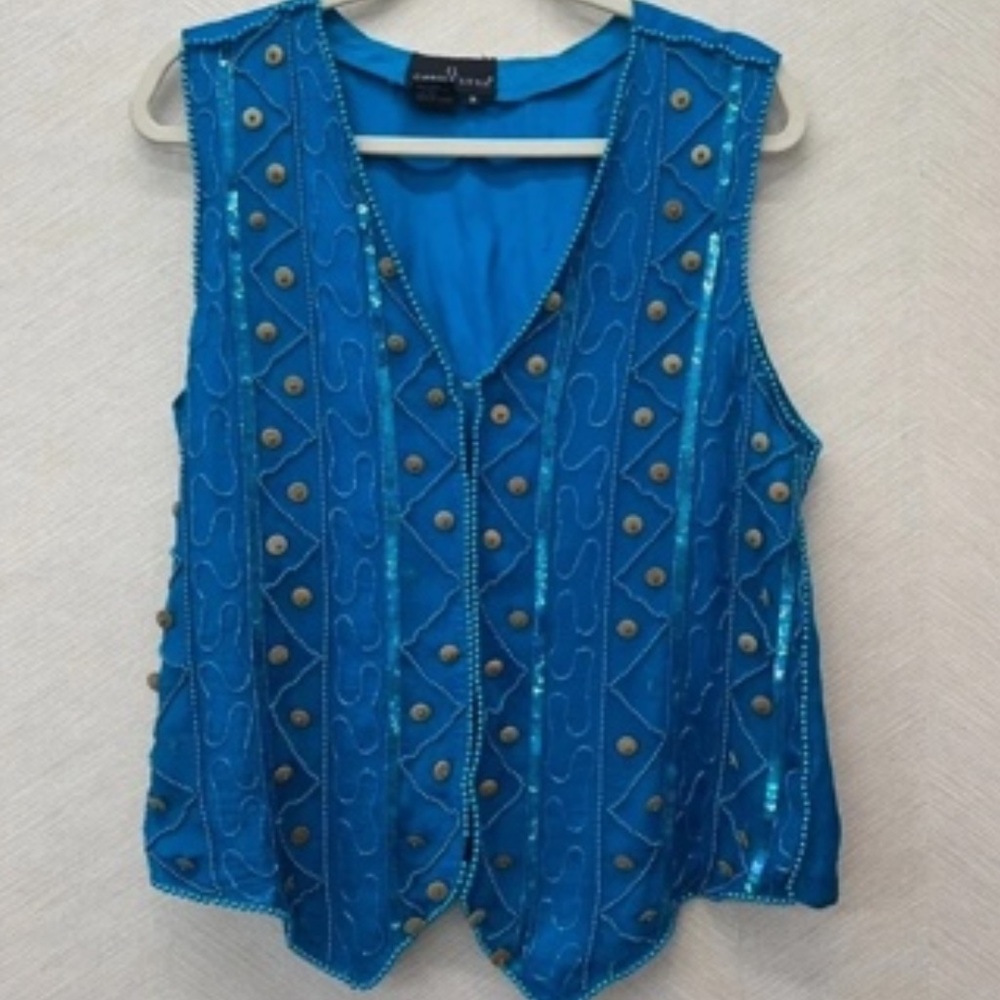 Embellished Blue Women's Vest - Sequined Stud Detail